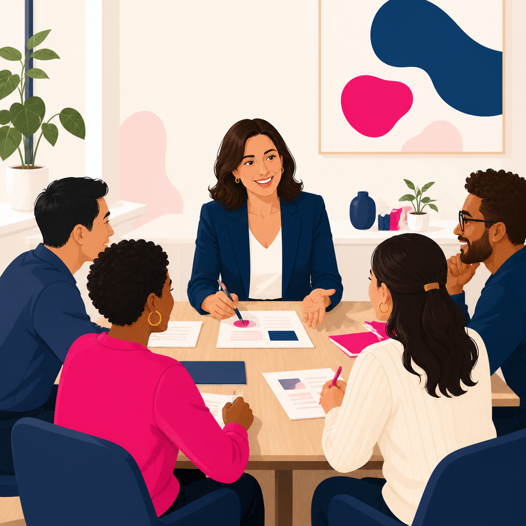 Formatrice échangeant avec un groupe de candidats en formation