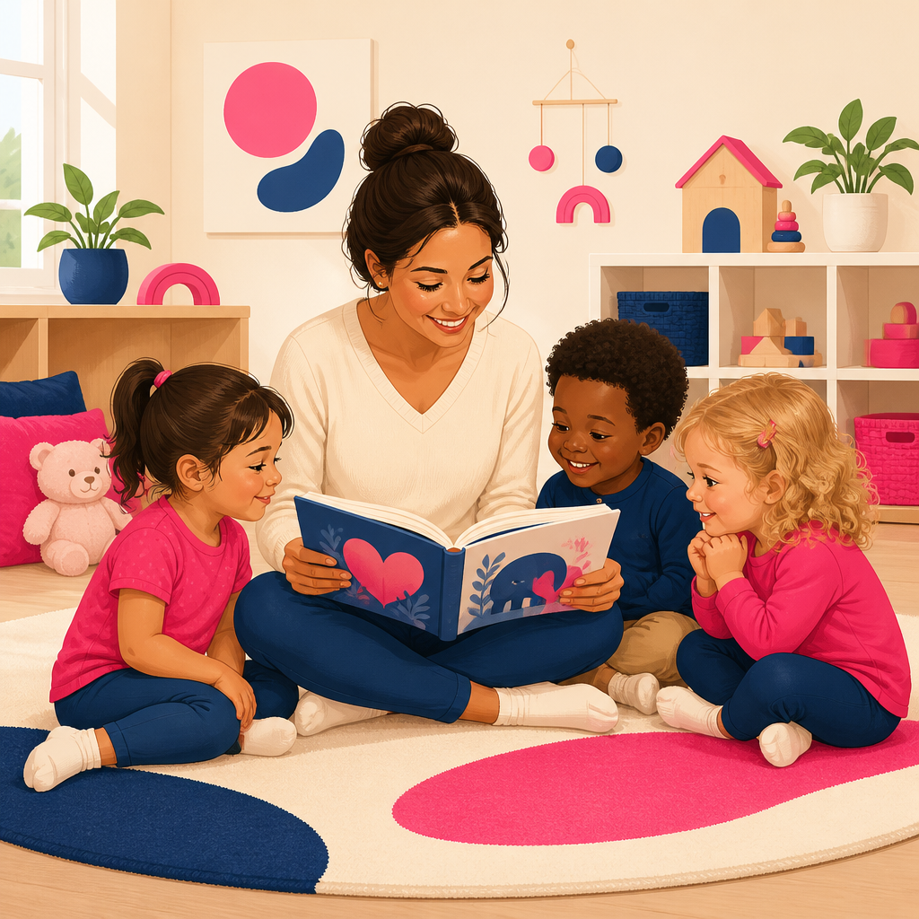 Éducatrice lisant un livre à trois enfants dans une crèche
